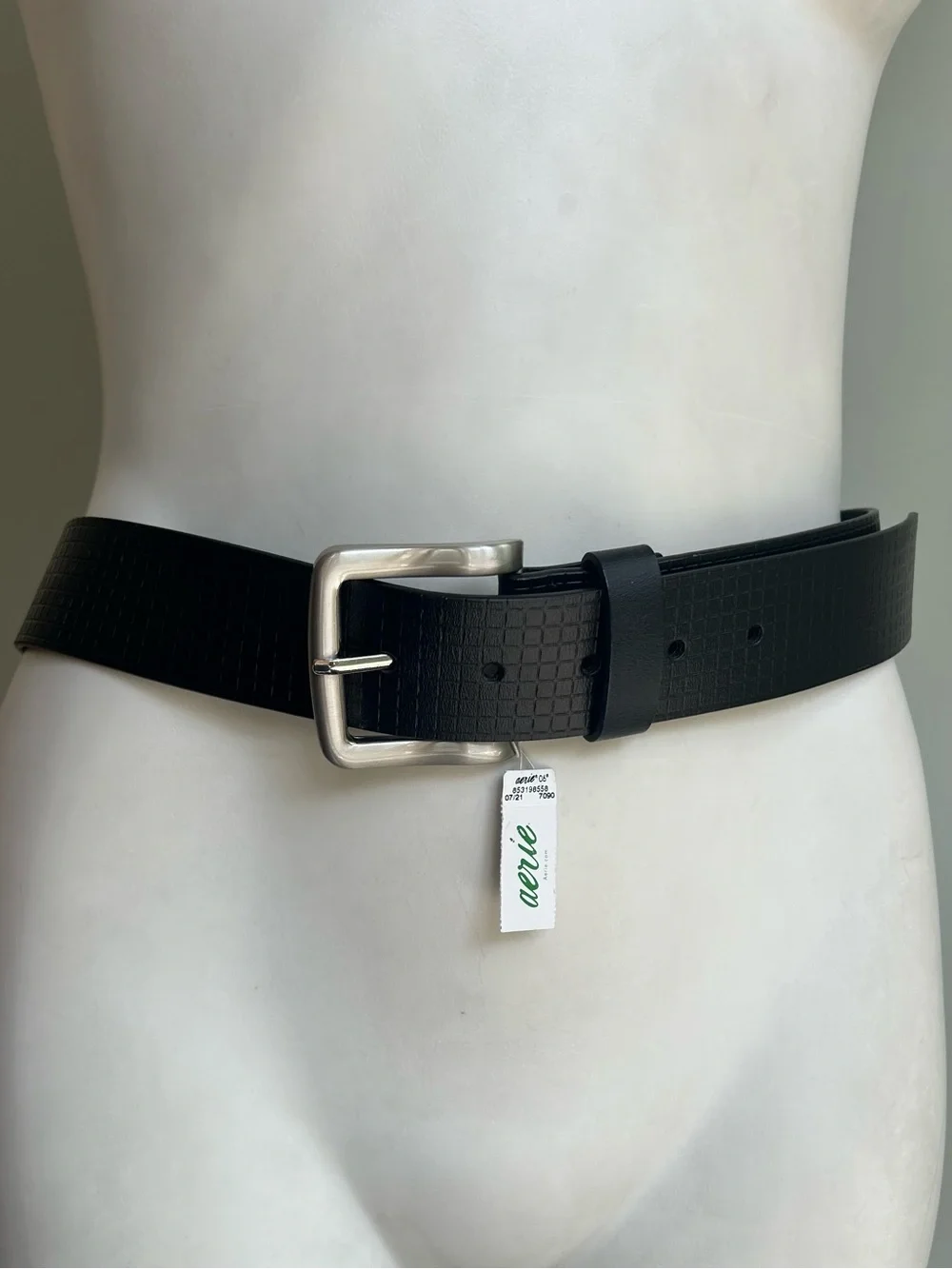 Aerie Textured Grid Leather Belt, Black M NWT